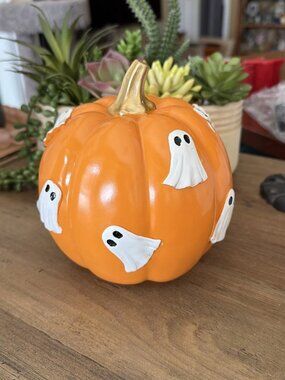 Halloween Orange Pumpkin With White Ghost & Gold Stem - NWOT